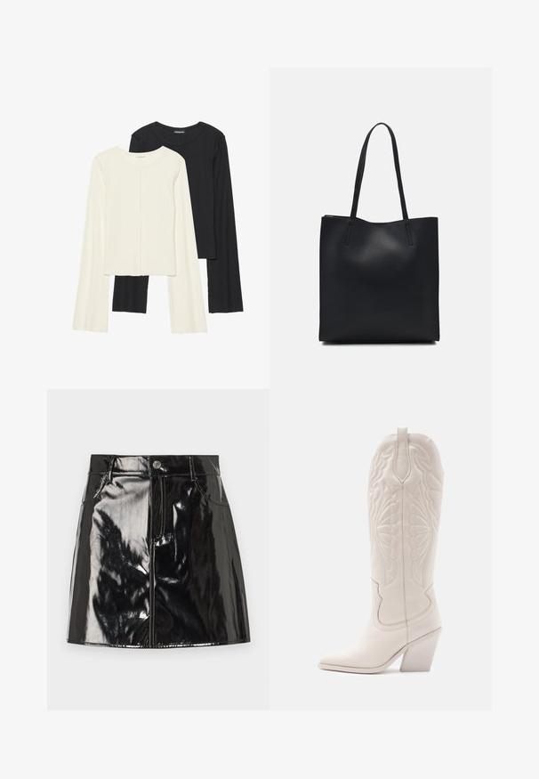 Kaksik Eri pikkusega valge ja musta värvi pikkade varrukatega topsi. Ribikstruktuur, ümar kaelus, lihav disain, veidi laienevate varrukatega.; Must have mustriline mini-seelik läikiva viimistlusega, millel on nööbi sulgemine, vöökohad ja esikotid lisadeks.; Valge nahast cowboy-s выпiş с заостреным varvastega ja plokknäheeliga. Omab keerukaid tikandimustreid varreosas ja siledat tekstuuri.; Mustast nahast kott sujuva tekstuuriga, ristkülikukujuline ja kahe pika sangaga. Pole nähtavat riistvara ega kaunistusi.