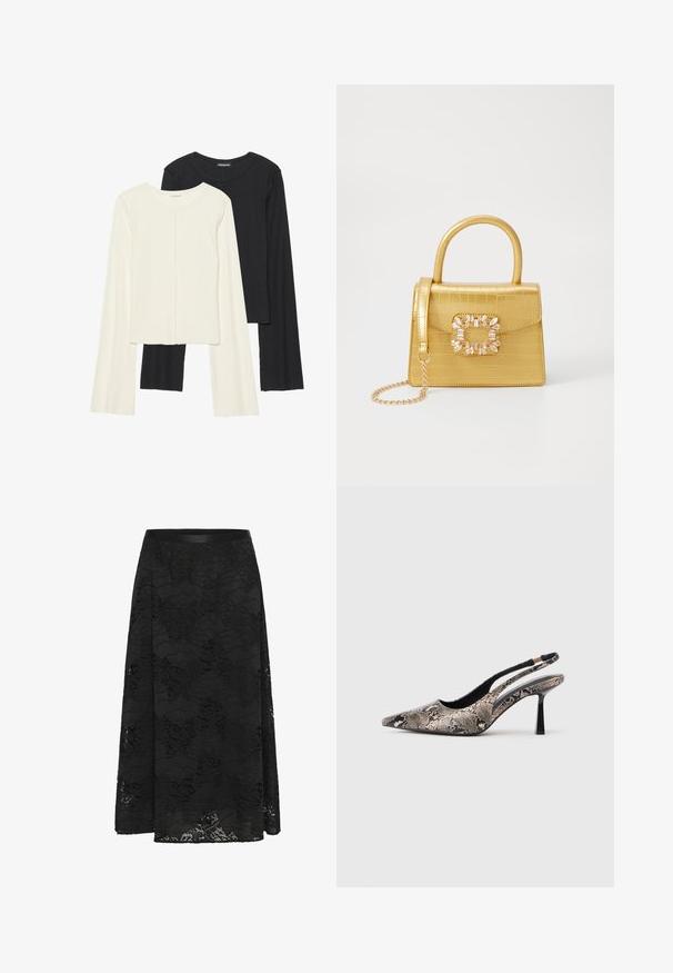 Két darabból álló hosszú ujjú felsők szettje fehér és fekete színben. Bordás textúra, kerek nyakkivágás, testhez simuló fazon, enyhén bővülő ujjakkal.; Fekete csipke szoknya, amely a szárnyas kialakításával tűnik ki. Virágmintás, texturált felülettel és testre simuló derékkal rendelkezik. Hossza a vádli közepéig ér.; Ívelt orrú slingback cipők, amelyek texturált kígyóbőr hatású anyagból készültek, karcsú fekete sarokkal és oldalsó kivágásos dizájnnal rendelkeznek.; Sárga műbőr krokodil mintás kézitáska strukturált kialakítással, felső fogantyúval, leválasztható lánccal és díszes kristály díszítéssel a záron.