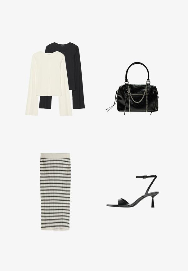 Ensemble de deux hauts à manches longues en blanc et noir. Texture côtelée, col rond, design ajusté avec des manches légèrement évasées.; Jupe en tricot côtelé couleur crème avec des rayures horizontales noires et un petit logo brodé près de la taille.; Bershka Sandales à talons hauts - black; Bershka WITH CHAIN - Sac à main - black