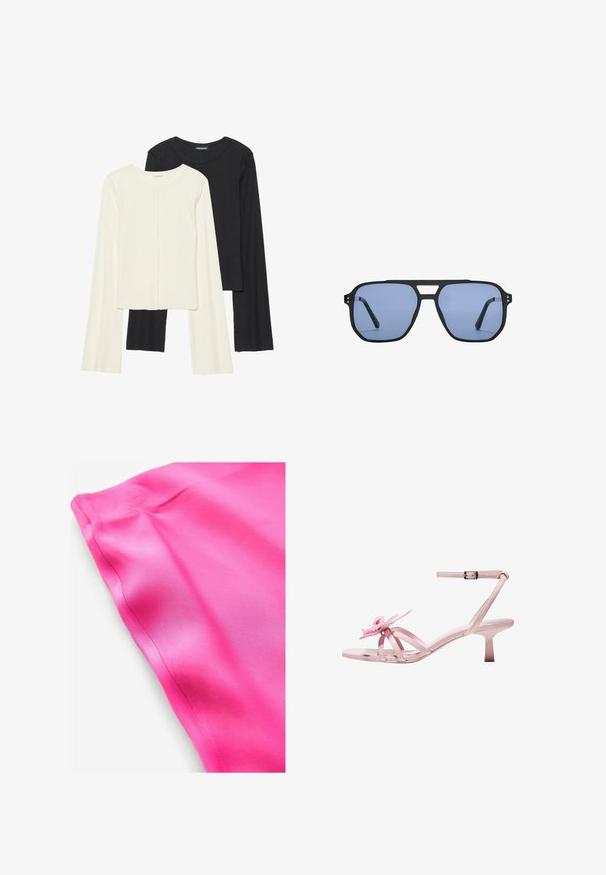 Ensemble de deux hauts à manches longues en blanc et noir. Texture côtelée, col rond, design ajusté avec des manches légèrement évasées.; Tissu en satin rose vif avec une texture lisse, comportant un bord propre et un léger brillant. Pas de motifs ni de détails supplémentaires visibles.; Sandales à talons en cuir verni rose avec un accent floral sur l'orteil, dotées d'une bride de cheville ajustable et d'un talon mince et court.; Stradivarius RETRO - Lunettes de soleil - light blue