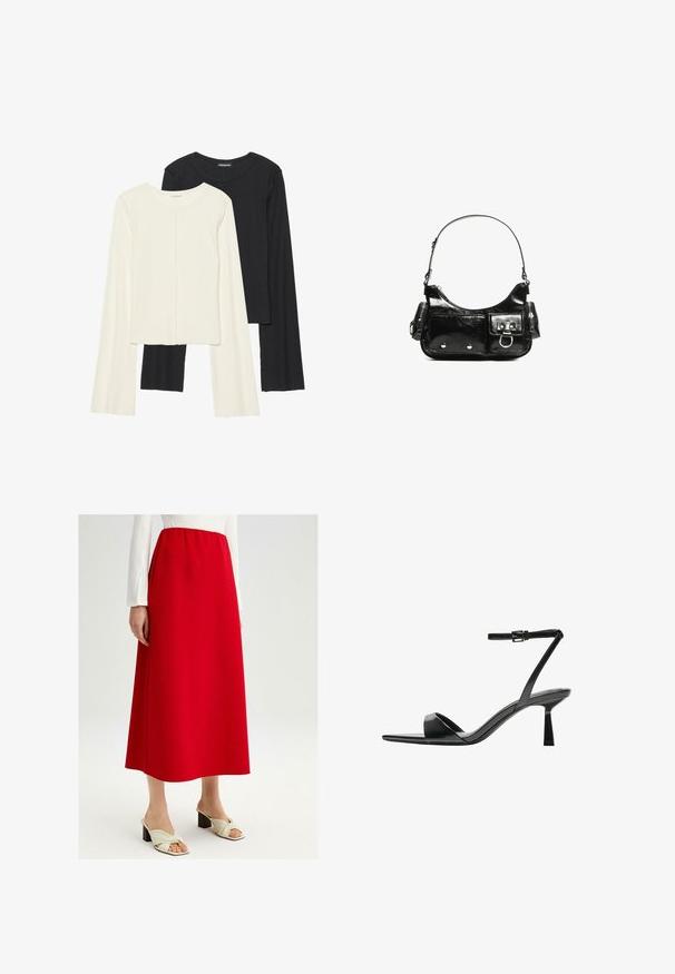 Set od dvije duge majice s dugim rukavima u bijeloj i crnoj boji. Rebrasta tekstura, okrugli izrez, uski kroj s blago raširenim rukavima.; Crvena A-linija suknja od glatkog materijala s elastičnom gumicom. Uparena s kremasto-bijelim cipelama na vezivanje s čvorom.; Bershka Sandale s visokom petom - black; Crna patentna kožna torba s zakrivljenim oblikom, jednim remenom za rame, prednjim džepovima i akcentima od srebrnog tona.