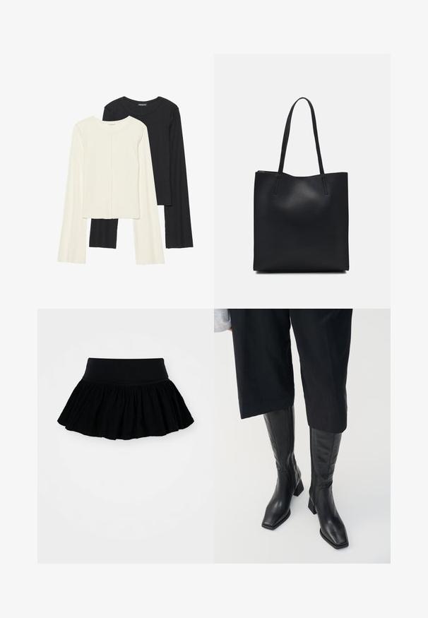 Két darabból álló hosszú ujjú felsők szettje fehér és fekete színben. Bordás textúra, kerek nyakkivágás, testhez simuló fazon, enyhén bővülő ujjakkal.; Fekete, harang alakú szoknya összegyűrt, texturált anyagból, széles derékrésszel. Egyszerű dizájn, minta vagy fémalkatrész nélkül.; Fekete bőrből készült, térdig érő csizmák négyzet alakú orral és blokk sarkal. Oldalsó cipzárral rendelkezik és sima textúrával bír.; Fekete bőrtáska sima felszínnel, téglalap alakú, két hosszú füllel. Nincs látható fémkiegészítő vagy díszítés.