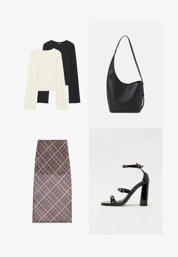 Conjunto de dos camisetas de manga larga en blanco y negro. Textura acanalada, cuello redondo, diseño ajustado con mangas ligeramente acampanadas.; Una falda a la altura de la rodilla con un tejido ligero y transparente que presenta un patrón de cuadros en tonos marrón y crema, textura suave y bordes limpios.; Sandalias de tacón de charol negro con punta cuadrada, correas en el tobillo y hebillas plateadas. Presentan un tacón grueso para mayor estabilidad.; Bolso tipo hobo de cuero negro con una textura suave, forma curvada y una sola correa ajustable; presenta una amplia apertura en la parte superior.