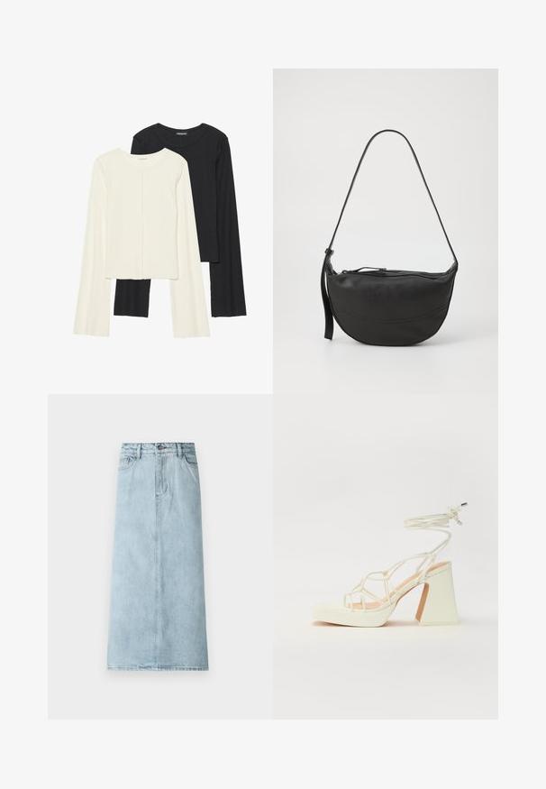 Nabor dveh dolgih rokavov v beli in črni barvi. Žameten vzorec, okrogla ovratnica, prilegajoča zasnova z rahlo razširjenimi rokavi.; Světle modrá džínová midi sukně s rovný střih, předními kapsami a klasickým pasem s knoflíkovým zapínáním. Hladká, mírně vybledlá textura.; Bela sandala na visokih petah s debelim petam, ki ima obliko trakcev in vezanje okoli gležnja. Gladka tekstura z platformo spredaj za dodatno višino.; Črna usnjena torbica za ramo s prikladno obliko, enojnim trakom, zadrgo in diskretnimi šivi po telesu.