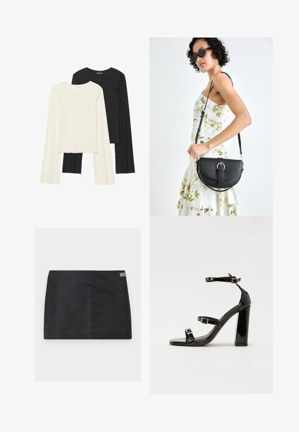 Set de două bluze cu mâneci lungi, una albă și una neagră. Textură ribbată, decolteu rotund, design ajustat cu mâneci ușor evazate.; Faldă neagră cu o textură netedă, croială dreaptă și un mic etichetă logo pe lateral. Design simplu, fără modele sau detalii suplimentare.; Sandale negre din piele lacuită, cu toc înalt, două curele cu catarame, vârf pătrat și toc gros, având o textură netedă și lucioasă.; Geantă din piele neagră, cu o formă curbată, curea detașabilă și accesorii aurii. Geanta are un capac cu un detaliu tip cataramă.