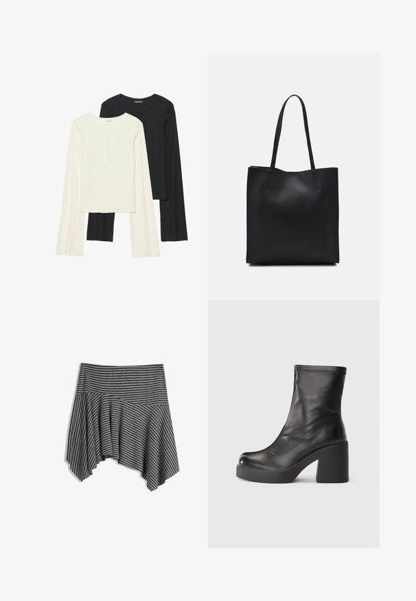 Set van twee longsleeve tops in wit en zwart. Geribbelde textuur, ronde hals, aansluitend ontwerp met licht uitlopende mouwen.; Grijs gestreepte rok met een asymmetrische zoom. Gemaakt van zachte stof, met een fitted tailleband en een vloeiende drape.; Zwarte leren laars tot net onder de kuit met een stevige blokhak en platformzool op een effen witte achtergrond.; Zwarte leren handtas met een gladde textuur, rechthoekige vorm en twee lange handvaten. Geen zichtbare hardware of versieringen.