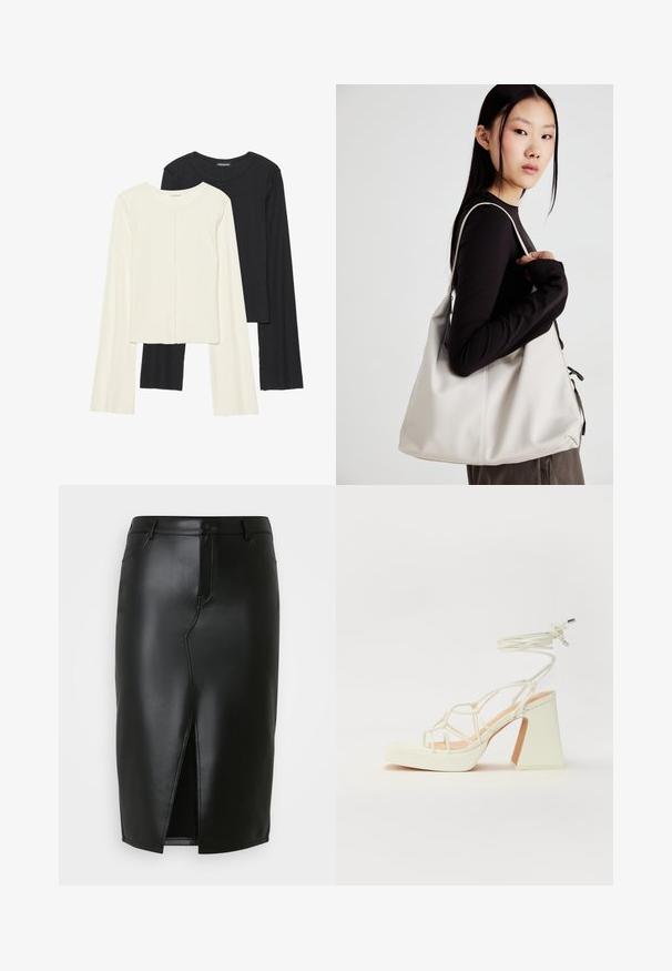 Kaksik Eri pikkusega valge ja musta värvi pikkade varrukatega topsi. Ribikstruktuur, ümar kaelus, lihav disain, veidi laienevate varrukatega.; Mustast nahast pliiatsiseelik kõrge lõhiku ja ees olevate taskutega, nööbiga kinni ja siledast tekstuurist.; Valged kõrge kontsaga sandaalid, millel on paks konts ja rihmadega disain koos pahkluu sidumisega. Sile tekstuur ja platvorm ees, et lisada kõrgust.; Bež käekott pehme materjali, millel on lõtv disain, õmblustega detailid ja kaks õlarihma. Sobib igapäevaseks kasutamiseks.