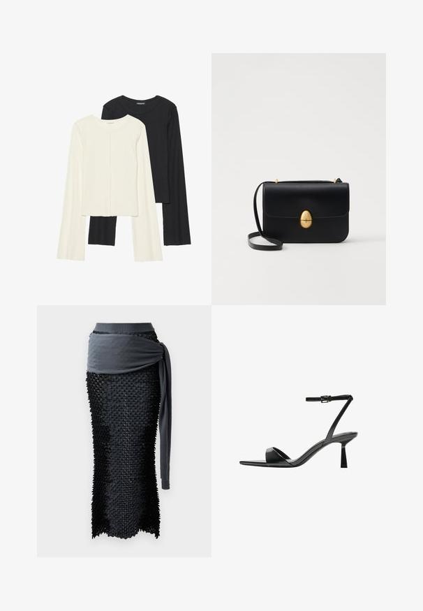 Két darabból álló hosszú ujjú felsők szettje fehér és fekete színben. Bordás textúra, kerek nyakkivágás, testhez simuló fazon, enyhén bővülő ujjakkal.; Fekete textúrájú szoknya sima szürke kötött derékrésszel és átkötési részletekkel, amely illeszkedő fazonnal és réteges kialakítással rendelkezik.; Bershka Magas sarkú szandálok - black; Fekete bőr kézitáska, struktúrált, téglalap alakú formával. Arany ovális kapoccsal és vékony vállpánttal rendelkezik. Sima textúrájú.