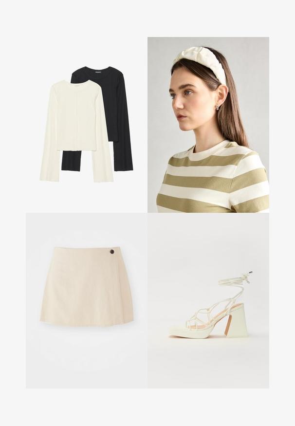 Conjunto de dos camisetas de manga larga en blanco y negro. Textura acanalada, cuello redondo, diseño ajustado con mangas ligeramente acampanadas.; Mini falda de color beige claro hecha de una tela suave, con un diseño envolvente, dobladillo acabado y un único botón oscuro como acento en el lado.; Sandalia de tacón alto blanca con un tacón grueso, que presenta un diseño de tiras y un lazo en el tobillo. Textura suave con una plataforma en la parte delantera para mayor altura.; Diadema acolchada crema con diseño trenzado, acompañada de una camiseta de rayas beige y blanca con cuello redondo. Sutiles acentos de joyería.