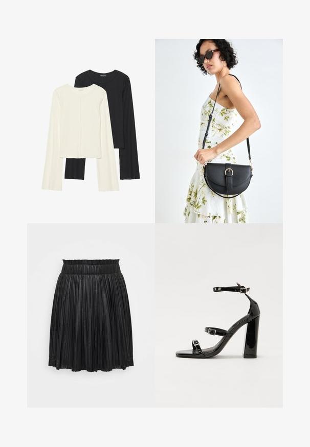 Conjunto de duas blusas de manga longa em branco e preto. Textura canelada, decote redondo, design ajustado com mangas ligeiramente evasê.; Saia pregueada preta feita de couro sintético, com uma cintura elástica, comprimento até ao joelho e riscas verticais por toda a peça.; Sandálias pretas de verniz com salto alto, duas fivelas, biqueira quadrada e salto largo, apresentando uma textura lisa e brilhante.; Bolsa de couro preta com forma curva, alça destacável e detalhes em dourado. A bolsa possui uma aba com detalhe de fivela.