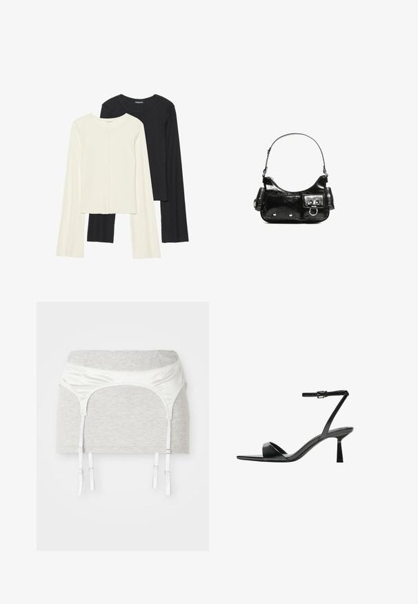 Set od dvije duge majice s dugim rukavima u bijeloj i crnoj boji. Rebrasta tekstura, okrugli izrez, uski kroj s blago raširenim rukavima.; Sivi pamučni materijal s jaknom s bijelim satenskim pojasom i četiri podesive vrpce za svrhu podvezice. Glatka tekstura, prilagođen dizajn.; Bershka Sandale s visokom petom - black; Crna patentna kožna torba s zakrivljenim oblikom, jednim remenom za rame, prednjim džepovima i akcentima od srebrnog tona.
