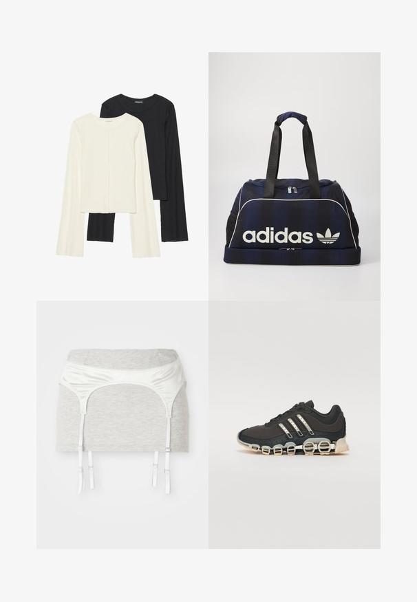 Nabor dveh dolgih rokavov v beli in črni barvi. Žameten vzorec, okrogla ovratnica, prilegajoča zasnova z rahlo razširjenimi rokavi.; Sivkasta bomba oblačilo iz bombaža z belim satenastim pasom in štirimi nastavljivimi trakovi za podvezice. Gladka tekstura, kroj, ki se prilega.; Črne športne čevlje z teksturiranim zgornjim delom, tremi srebrnimi črtami in značilno blažilno podplatom, ki vključuje več integriranih delov.; Mornarska torba z belim logotipom Adidas, ki ima zadrgo na vrhu, dve trdni črni ročaji in stranske mrežaste žepe. Gladka tekstura tkanine.