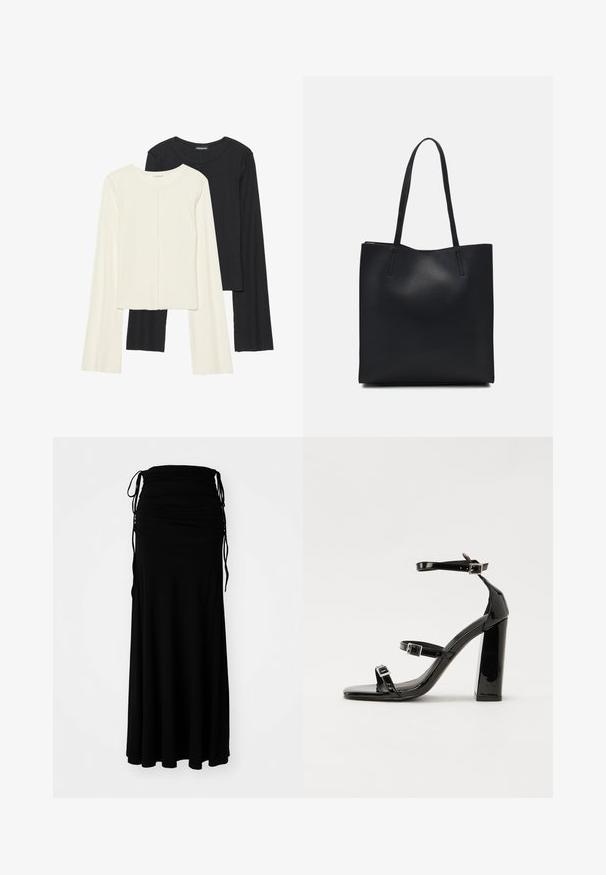 Set aus zwei Langarmoberteilen in Weiß und Schwarz. Rippstruktur, Rundhalsausschnitt, figurbetontes Design mit leicht ausgestellten Ärmeln.; Schwarzes, knöchellanges Kleid aus weichem, elastischem Stoff mit gekräuseltem Oberteil und verstellbaren Bindebändern an den Seiten, die eine fließende Silhouette kreieren.; Schwarze patentierte Sandalen mit Absatz, quadratischer Spitze, Knöchelriemen und silbernen Schnallen. Mit einem stabilen Blockabsatz für mehr Stabilität.; Schwarze Laptoptasche aus Leder mit glatter Textur, rechteckiger Form und zwei langen Griffen. Keine sichtbaren Beschläge oder Verzierungen.