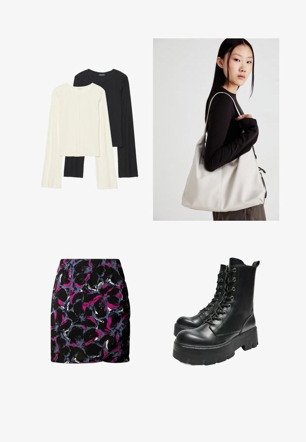 Set van twee longsleeve tops in wit en zwart. Geribbelde textuur, ronde hals, aansluitend ontwerp met licht uitlopende mouwen.; Zwarte rok met een bloemenpatroon in paars, blauw en wit. Het ontwerp heeft een gerimpeld zijdetail en merkvoering aan de onderrand.; Bershka TRACK - Enkellaarsjes met plateauzool - black; Beige handtas gemaakt van zacht materiaal, met een slonzig ontwerp, gestikte details en twee schouderbanden. Geschikt voor dagelijks gebruik.