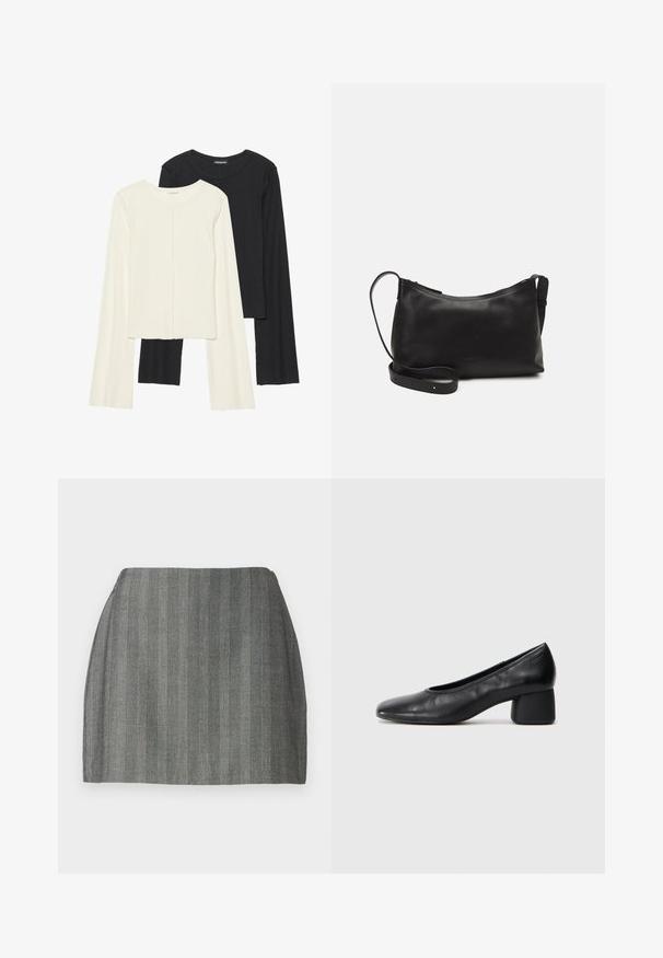 Set aus zwei Langarmoberteilen in Weiß und Schwarz. Rippstruktur, Rundhalsausschnitt, figurbetontes Design mit leicht ausgestellten Ärmeln.; Grauer Minirock aus strukturierter Stoffqualität, mit vertikalen Nadelstreifen und taillierter Passform. Gerader Schnitt und glatte Oberfläche.; Schwarze Lederpumps mit runder Zehenpartie und mittelhohem Blockabsatz. Glatte Textur mit minimalen Details, ausgestattet mit einem dezenten elastischen Einstieg.; Schwarze Ledertasche für die Schulter mit glatter Textur, geschwungener Form, verstellbarem Tragegurt und Reißverschluss. Minimalistisches Design ohne Verzierungen.