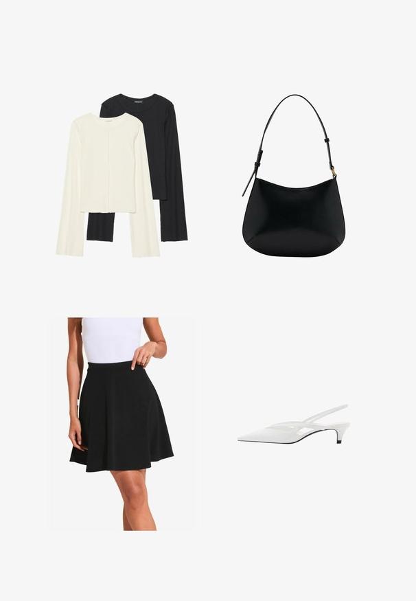 Ensemble de deux hauts à manches longues en blanc et noir. Texture côtelée, col rond, design ajusté avec des manches légèrement évasées.; Jupe évasée noire en tissu doux avec une texture lisse et une taille large, présentée avec de doux plis et une coupe au genou.; Escarpin blanc à brides arrière avec un bout pointu, présentant un dessus lisse, des découpes discrètes et un petit talon bloc. La semelle noire met en valeur le design.; Sac à épaule en cuir noir avec une texture lisse, une forme courbe et une poignée ajustable. Présente des coutures minimales et un design simple.