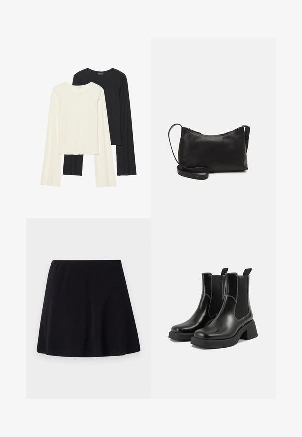 Set aus zwei Langarmoberteilen in Weiß und Schwarz. Rippstruktur, Rundhalsausschnitt, figurbetontes Design mit leicht ausgestellten Ärmeln.; Schwarzer Rock, knielang, aus leichtem Stoff mit subtiler Textur, hat ein ausgestelltes Design und einen elastischen Bund.; Schwarze Leder Chelsea-Stiefel mit einem klobigen Absatz, elastischen seitlichen Einsätzen und kontrastierendem weißen Nähten. Strukturierte Oberfläche.; Schwarze Ledertasche für die Schulter mit glatter Textur, geschwungener Form, verstellbarem Tragegurt und Reißverschluss. Minimalistisches Design ohne Verzierungen.