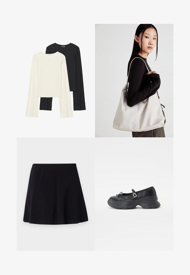 Conjunto de duas blusas de manga longa em branco e preto. Textura canelada, decote redondo, design ajustado com mangas ligeiramente evasê.; Saia preta, acima do joelho, feita de tecido leve com uma textura subtil, apresenta um design fluído e faixa elástica na cintura.; Sapatilha Mary Jane em couro preto com bico arredondado, detalhe de laço e tiras ajustáveis ao tornozelo. Apresenta uma sola de borracha robusta com acentos curvados.; Uma bolsa bege feita de material macio, com um design descontraído, detalhes de costura e duas alças para o ombro. Adequada para uso diário.