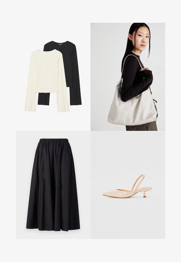 Set di due maglie a maniche lunghe, bianche e nere. Texture a coste, scollo tondo, design aderente con maniche leggermente svasate.; Gonna lunga nera con vita elastica, realizzata in tessuto lucido con una silhouette ampia e fluida. Nessun motivo o accessorio visibile.; Décolleté in vernice color beige con punta affusolata e tacco slim a forma quadrata. Texture liscia e design minimalista senza decorazioni.; Borsa a mano beige realizzata in materiale morbido, caratterizzata da un design morbido, dettagli cuciti e due manici. Adatta per l'uso quotidiano.