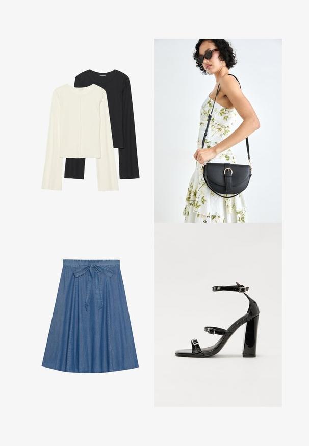 Zestaw dwóch bluzek z długim rękawem w kolorze białym i czarnym. Prążkowana struktura, okrągły dekolt, dopasowany fason z lekko rozszerzanymi rękawami.; Spódnica dżinsowa w średnim niebieskim odcieniu. Posiada marszczoną talię z detalem nawiązującym do wiązania. W kształcie litery A o gładkiej teksturze, sięgająca do kolan.; Czarne lakierowane sandały na wysokim obcasie, z dwoma paskami zapinanymi na klamry, kwadratowy nosek i masywny obcas typu słupek, o gładkiej, błyszczącej fakturze.; Czarna skórzana torebka o zakrzywionym kształcie, z odpinanym paskiem i złotymi akcentami. Torebka posiada klapę z zapięciem w kształcie klamry.