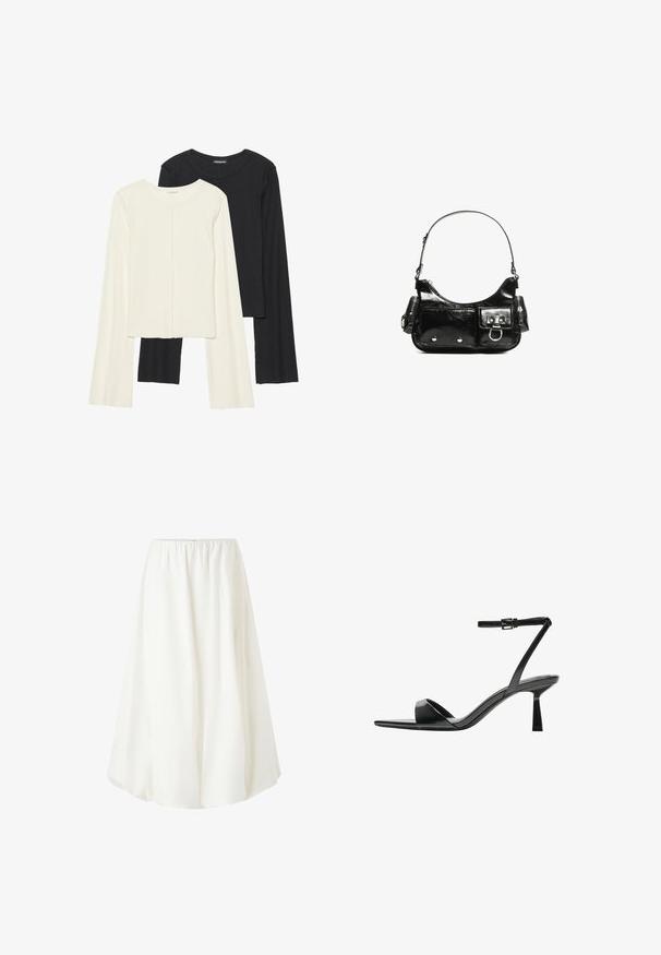 Sæt med to langærmede toppe i hvid og sort. Ribbet tekstur, rund halsudskæring, tætsiddende design med let udvidede ærmer.; Hvid, knælang nederdel med elastisk talje, der har et let og bølgende design i blødt stof. Ingen synlige mønstre.; Bershka Højhælede sandaletter / Højhælede sandaler - black; Sort patenteret læder håndtaske med en buet form, en skulderrem, frontlommer og hardware accenter i sølvfarve.