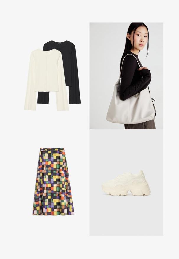 Set od dvije duge majice s dugim rukavima u bijeloj i crnoj boji. Rebrasta tekstura, okrugli izrez, uski kroj s blago raširenim rukavima.; Šarena midi suknja s kariranim uzorkom narančastih, žutih, zelenih, ljubičastih, crnih i smeđih kvadrata na lepršavoj tkanini.; Masivne bijele tenisice od teksturirane mreže i sintetičkih materijala, sa debelim potplatom i složenim uzorcima duž strana.; Bežna torba od mekog materijala s opuštenim dizajnom, šivanim detaljima i dva remena za rame. Pogodna za svakodnevnu upotrebu.
