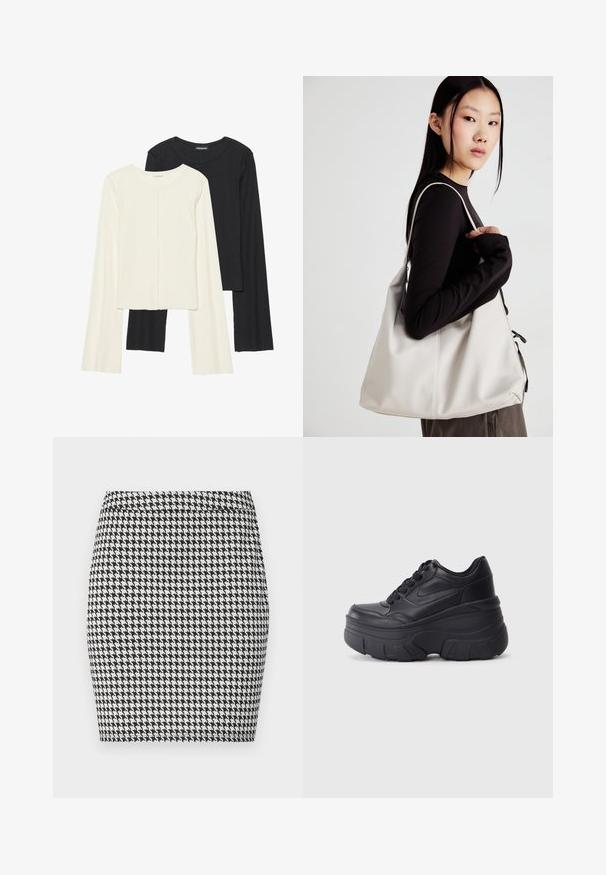 Két darabból álló hosszú ujjú felsők szettje fehér és fekete színben. Bordás textúra, kerek nyakkivágás, testhez simuló fazon, enyhén bővülő ujjakkal.; Fekete-fehér houndstooth minta, testhez simuló szoknya, sima textúrával és egyszínű derékrésszel. Nincs látható hardver vagy kiegészítő.; Fekete fűzős sportcipők vastag talppal, sima bőrből készült felső résszel, kerek orral és jellegzetes, réteges platform dizájnnal.; Puha anyagból készült bézs kézitáska, laza dizájnnal, varrott részletekkel és két vállpánttal. Mindennapi használatra alkalmas.
