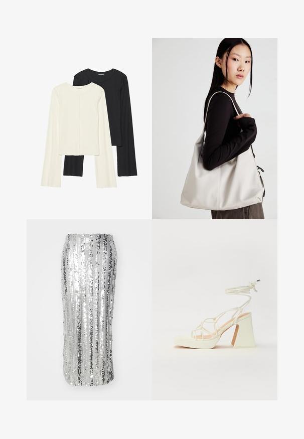 Két darabból álló hosszú ujjú felsők szettje fehér és fekete színben. Bordás textúra, kerek nyakkivágás, testhez simuló fazon, enyhén bővülő ujjakkal.; Ezüst flitteres ceruza szoknya függőleges csíkokkal, testhezálló fazonnal és sima, csillogó textúrával. Elegáns dizájn, amely alkalmas formális viseletre.; Fehér, magassarkú szandál vastag sarokkal, pántos dizájnnal és bokapánttal. Sima textúra, elülső platformmal a megnövelt magasság érdekében.; Puha anyagból készült bézs kézitáska, laza dizájnnal, varrott részletekkel és két vállpánttal. Mindennapi használatra alkalmas.