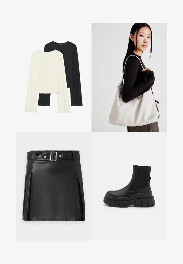 Set med två långärmade toppar i vitt och svart. Ribbade texturer, rund hals, figurnära design med något utställda ärmar.; Svart fusk läder mini kjol med en figurnära design, sidofållar och ett bälte med silverfärgad spänne och öglor. Slät textur, hög midja.; Svarta ankelskor i slätt läder med elastiska sidopaneler, en kraftig plattformssula och ett strukturerat mönster på sulan.; Beige handväska tillverkad av mjukt material, med en avslappnad design, sydda detaljer och två axelremmar. Lämplig för dagligt bruk.