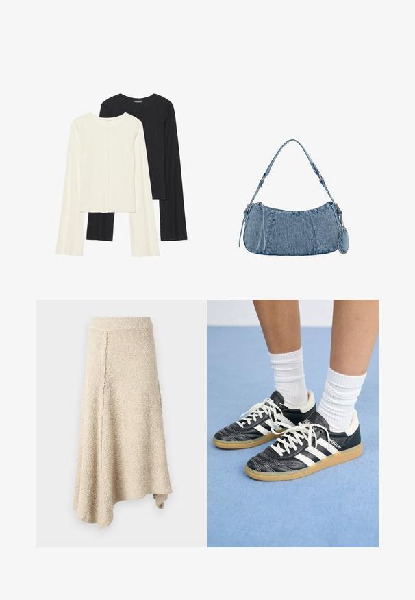 Súprava dvoch dlhých rukávov v bielej a čiernej farbe. Žebrovaná textúra, okrúhly výstrih, priliehavý strih s mierne rozšírenými rukávmi.; Béžová štruktúrovaná sukňa s rozšíreným lemom, s vysokým pásom a asymetrickým strihom, vyrobená z mäkkého pleteného materiálu.; Čierne kožené tenisky s bielymi pruhmi, okrúhlou špičkou, bielymi šnúrkami a gumovou podrážkou. Vyzdvihujú ich vypchávkovaný golier a detaily s logom.; Džínová kabelka s zakriveným tvarom, svetlomodrej farby, so nastaviteľným popruhom na rameno a malým odnímateľným vreckom s kovovými detailmi.