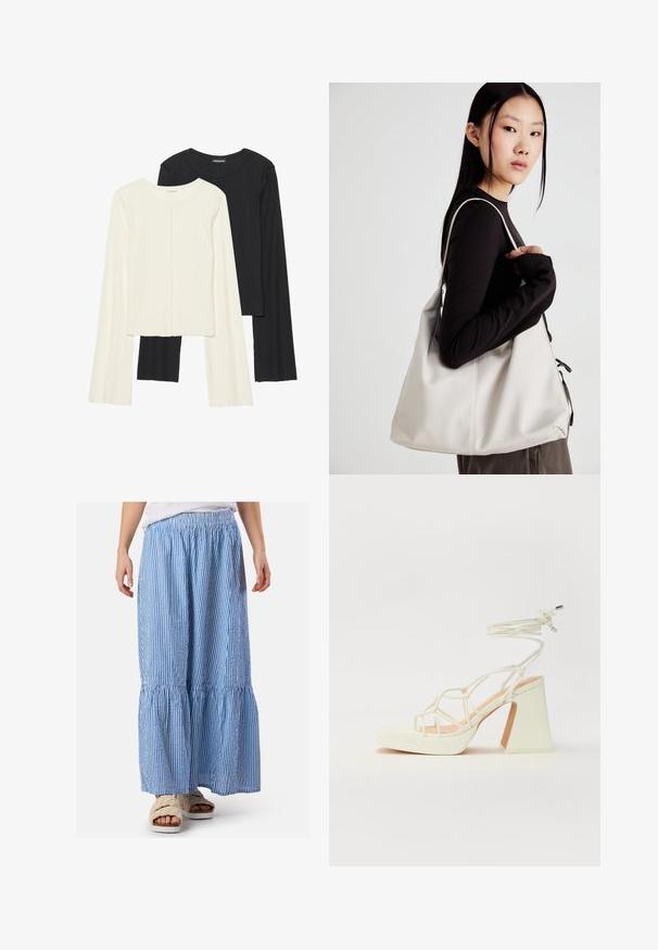 Set of two long-sleeve tops in white and black. Ribbed texture, round neck, fitted design with slightly flared sleeves.; Blue and white striped maxi skirt with an elastic waistband, gathered tiers, and a lightweight fabric. Paired with fluffy sandals.; White high-heeled sandal with a chunky heel, featuring a strappy design and ankle tie. Smooth texture with a platform front for added height.; Beige handbag made of soft material, featuring a slouchy design, stitched detailing, and two shoulder straps. Suitable for everyday use.