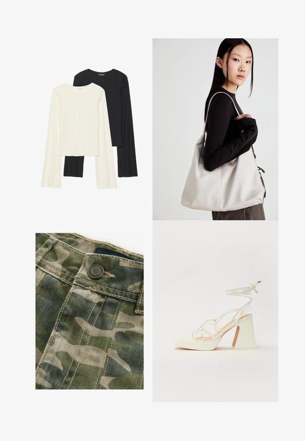 Set di due maglie a maniche lunghe, bianche e nere. Texture a coste, scollo tondo, design aderente con maniche leggermente svasate.; Tessuto a motivo mimetico in tonalità di verde e beige con cuciture visibili. Presenta un bottone metallico in vita, texture denim.; Sandalo bianco con tacco alto, caratterizzato da un design a cinturini e un legaccio alla caviglia. Texture liscia con una piattaforma frontale per un'altezza aggiuntiva.; Borsa a mano beige realizzata in materiale morbido, caratterizzata da un design morbido, dettagli cuciti e due manici. Adatta per l'uso quotidiano.