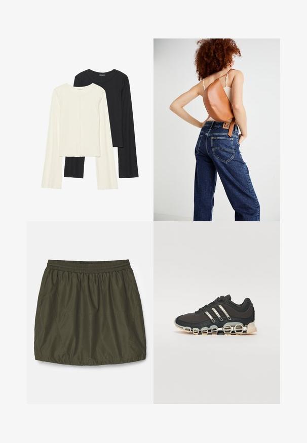 Ensemble de deux hauts à manches longues en blanc et noir. Texture côtelée, col rond, design ajusté avec des manches légèrement évasées.; Jupe légère vert olive avec taille élastique, texture plissée, poches latérales et détails cousus.; Chaussure de sport noire avec un dessus texturé, trois bandes argentées et une semelle amortissante distinctive comportant plusieurs sections intégrées.; Sac à dos en cuir marron avec un design incurvé unique. Porté en diagonale, associé à un jean en denim bleu taille haute avec des coutures jaunes.