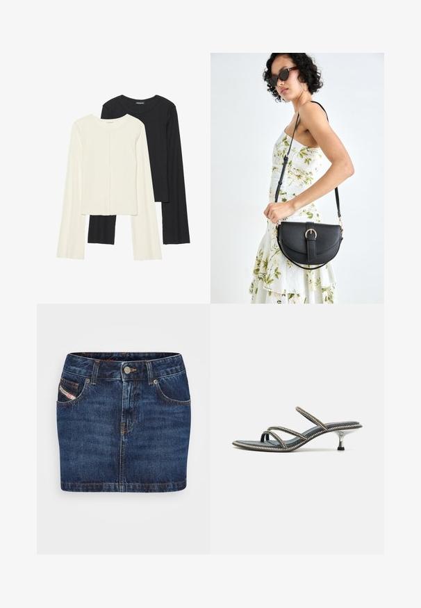 Sett med to langermede topper i hvit og svart. Ribbete tekstur, rund hals, tettsittende design med lett utsvingte ermer.; Mørkeblå denimskjørt med tettsittende design, fem lommer og oransje søm. Har metallknapplukking i midjen.; Denimsandal med tre tynne stropper prydet med rhinestones, spiss tå og en metallisk, stiletto-lignende hæl. Antisklimateriale.; Svart lærveske med en buet form, avtagbar stropp og gullbeslag. Vesken har et klaff med spenne-detall.