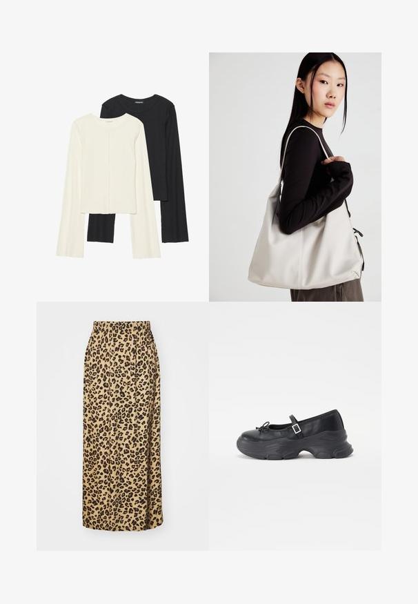 Conjunto de dos camisetas de manga larga en blanco y negro. Textura acanalada, cuello redondo, diseño ajustado con mangas ligeramente acampanadas.; Falda larga de tela beige con estampado de leopardo, con cinturilla elástica, que presenta una textura suave y un diseño plisado.; Zapato Mary Jane de cuero negro con punta redondeada, detalle de lazo y correa ajustable en el tobillo. Presenta una suela de goma gruesa con acentos curvados.; Bolso de mano beige hecho de material suave, con un diseño holgado, detalles cosidos y dos asas. Adecuado para uso diario.