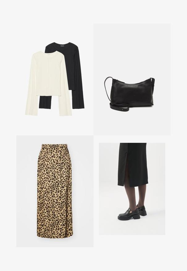 Set od dvije duge majice s dugim rukavima u bijeloj i crnoj boji. Rebrasta tekstura, okrugli izrez, uski kroj s blago raširenim rukavima.; Suknja od bež tkanine s leopard uzorkom, pune dužine, s elastičnom gumicom, s glatkom teksturom i naboranim dizajnom.; Crne kožne cipele s zaobljenim vrhom, debelim blok petama i elastičnim bočnim detaljima, uparene s tamnim čarapama i crnom suknjom s prorezom.; Crna kožna torba na rame s glatkom teksturom, zakrivljenim oblikom, podesivim remenom i zatvaranjem na patentni zatvarač. Minimalistički dizajn bez ukrasa.