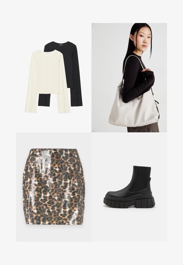 Conjunto de duas blusas de manga longa em branco e preto. Textura canelada, decote redondo, design ajustado com mangas ligeiramente evasê.; Mini saia com padrão de oncinha, apresentando textura brilhante, design ajustado, nas cores castanho e preto, e bainha reta.; Botas pretas até ao tornozelo, feitas de couro liso, com painéis laterais elásticos, uma sola de plataforma robusta e um design de piso texturizado.; Uma bolsa bege feita de material macio, com um design descontraído, detalhes de costura e duas alças para o ombro. Adequada para uso diário.