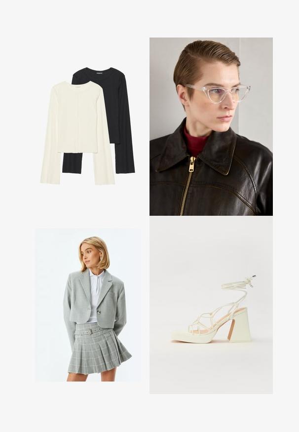 Conjunto de dos camisetas de manga larga en blanco y negro. Textura acanalada, cuello redondo, diseño ajustado con mangas ligeramente acampanadas.; Blazer gris ajustado con un solo botón y bolsillo de parche, combinado con una falda plisada a cuadros grises que incluye un cinturón y hebilla metálica.; Sandalia de tacón alto blanca con un tacón grueso, que presenta un diseño de tiras y un lazo en el tobillo. Textura suave con una plataforma en la parte delantera para mayor altura.; Gafas cat-eye de acetato transparente con lentes amarillos, llevadas por una persona con una chaqueta de cuero oscura y un cuello de tortuga rojo. Textura suave.; Bolso de piel negra con forma curva, correa desmontable y herrajes dorados. El bolso cuenta con una solapa con un detalle de hebilla.