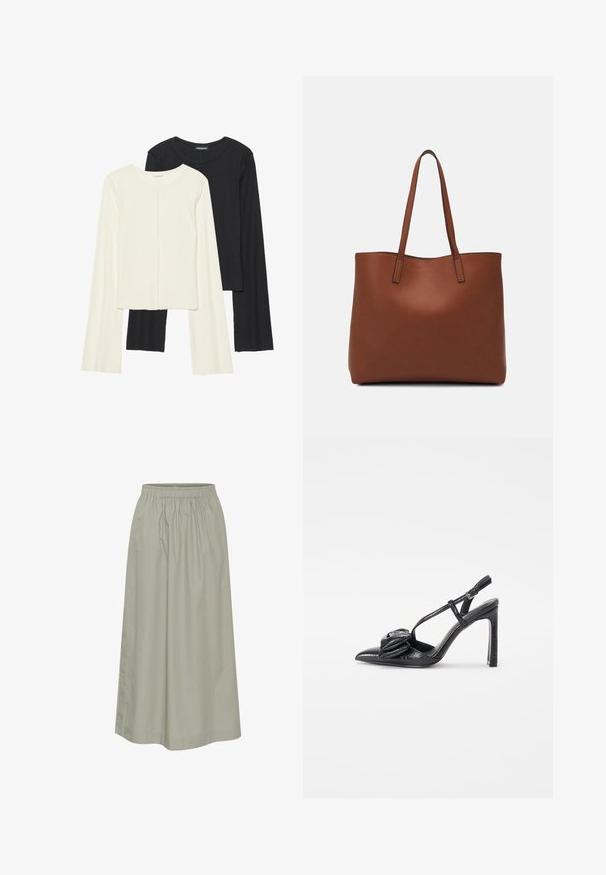 Divu garo piedurkņu tops komplekts baltā un melnā krāsā. Ribota tekstūra, apaļš kakls, pieguļoša dizaina ar nedaudz izplestām piedurknēm.; Gaiši zaļš, līdz ceļiem garš svārki, kas izgatavoti no mīksta auduma ar elastīgu jostu, ar savilktu dizainu un diskrētām šuvju detaļām.; Melnas augstpapēžu kurpes ar norādītu purngalu, spīdīgu tekstūru, plānām siksniņām un dekoratīvu plīšu detalizāciju priekšā.; Brūna ādas iepirkumu soma ar gludu tekstūru, atvērta augšdaļa un divas plecu siksnas. Izceļas ar minimālām šuvēm un redzamu aparatūru nav.