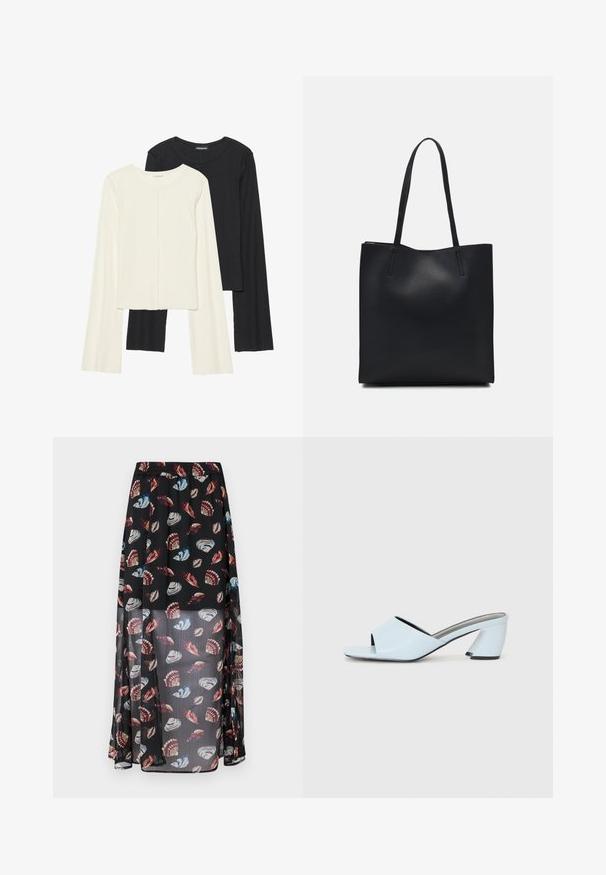 Divu garo piedurkņu tops komplekts baltā un melnā krāsā. Ribota tekstūra, apaļš kakls, pieguļoša dizaina ar nedaudz izplestām piedurknēm.; Melna, caurspīdīga maxi svārka ar elastīgu jostasvietu, kas rotāta ar daudzkrāsainiem čaulas un tauriņu zīmējumiem visā virsmā. Viegls, plūstošs audums.; Gaiši zilas atvērtā purngala papēžu mūlas ar ģeometrisku dizainu, kas ietver platu siksnu pāri pēdai un masīvu, stūrainu papēdi.; Melnas ādas somiņa ar gludu tekstūru, taisnstūra formu un divām garām rokturiem. Nav redzamu aparatūras vai rotājumu.