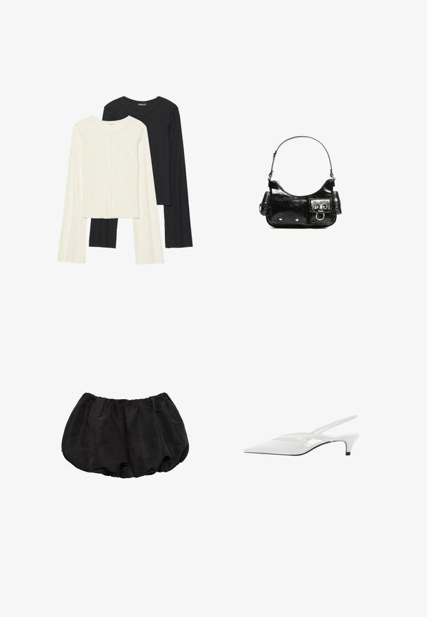 Nabor dveh dolgih rokavov v beli in črni barvi. Žameten vzorec, okrogla ovratnica, prilegajoča zasnova z rahlo razširjenimi rokavi.; Črne bombažne kratke hlače s prožno elastiko v pasu, ki imajo ohlapen, zbrisan dizajn in minimalne šivanske detajle.; Bela slingback peta z ošiljenim nosom, z gladkim zgornjim delom, subtilnimi izrezi in nizkim blok petkom. Črna podplat poudarja dizajn.; Črna lakasta usnjena torbica s ukrivljeno obliko, enim ramenskim trakom, sprednjimi žepi in srebrnimi kovinskimi dodatki.