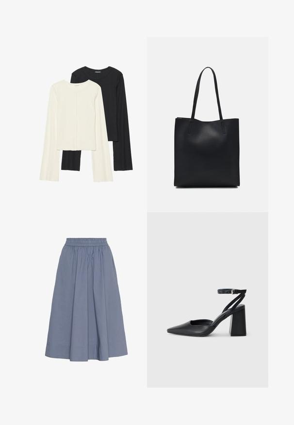 Divu garo piedurkņu tops komplekts baltā un melnā krāsā. Ribota tekstūra, apaļš kakls, pieguļoša dizaina ar nedaudz izplestām piedurknēm.; Klasisks, līdz ceļgaliem garš, gaiši zils kokvilnas svārks ar elastīgu jostu, piedāvā saplacinātu dizainu un gludu tekstūru komfortam.; Melna ādas augstpapēžu kurpe ar norakstīto purngala formu, potītes siksniņu un masīlu papēdi. Gluda tekstūra, elegants dizains un minimālisma estētika.; Melnas ādas somiņa ar gludu tekstūru, taisnstūra formu un divām garām rokturiem. Nav redzamu aparatūras vai rotājumu.