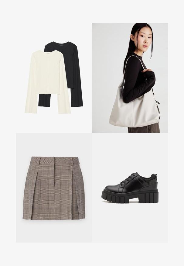 Súprava dvoch dlhých rukávov v bielej a čiernej farbe. Žebrovaná textúra, okrúhly výstrih, priliehavý strih s mierne rozšírenými rukávmi.; Hnedá kockovaná sukňa s priliehajúcim pásom, skladačkami na bokoch a vzorovanou textúrou, vyrobená z ľahkej tkaniny.; Čierne kožené platformy s masívnym blokovým podpätkom, okrúhlou špičkou a tradičným šnurovaním. Má hladký povrch a minimálne detaily.; Béžová kabelka vyrobená z mäkkého materiálu, s uvoľneným dizajnom, prišitými detailmi a dvoma popruhmi na nosenie na pleciach. Vhodná na každodenné nosenie.