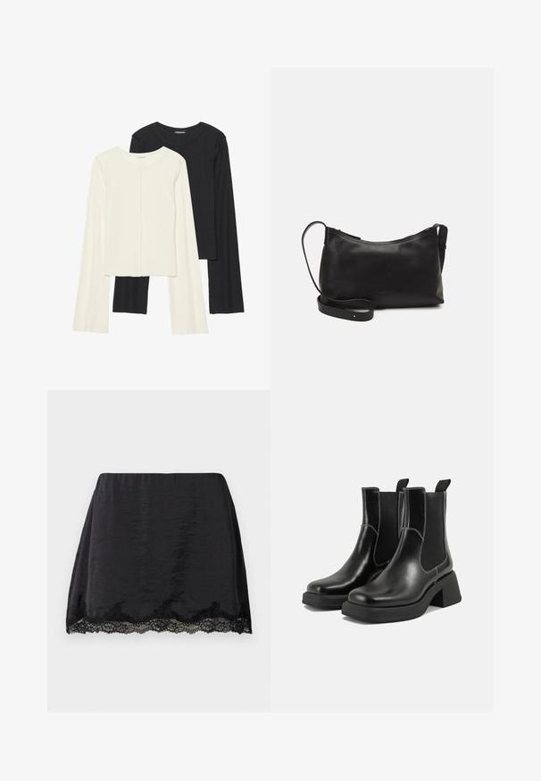 Ensemble de deux hauts à manches longues en blanc et noir. Texture côtelée, col rond, design ajusté avec des manches légèrement évasées.; Jupe mini en satin noir avec une coupe droite, ornée d'une bordure en dentelle à volants à l'ourlet, texture lisse et ceinture élastique.; Bottes Chelsea en cuir noir avec un talon épais, des panneaux latéraux élastiques et des coutures blanches contrastantes. Fini texturé.; Sac à épaule en cuir noir avec une texture lisse, une forme courbée, une bandoulière ajustable et une fermeture éclair. Design minimaliste sans embellissements.