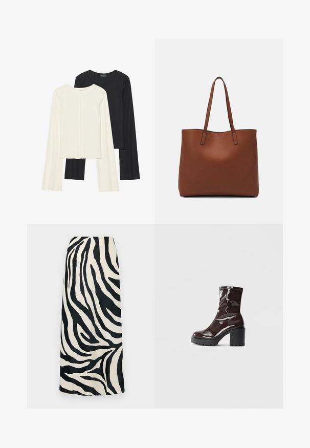 Dviejų ilgomis rankovėmis marškinėlių rinkinys, baltas ir juodas. Raukšlėta tekstūra, apvalus kaklas, prigludusi forma su šiek tiek platėjančiomis rankovėmis.; Juoda ir balta zebriška maxi sijonas su lygaus paviršiaus tekstūra, turintis aukštą liemenį ir tiesią siluetą.; Blizgus burgundių spalvos kulknapis su tankiu juodu kulnu, pasižymintis lygiu paviršiumi ir paprastu dizainu. Nėra matomų užsegimų ar raštų.; Ruda odinė priekabų krepšys su glotnia tekstūra, atviru viršumi ir dviem petnešomis. Su minimalia siuvimo detalėmis ir nematoma aparatūra.