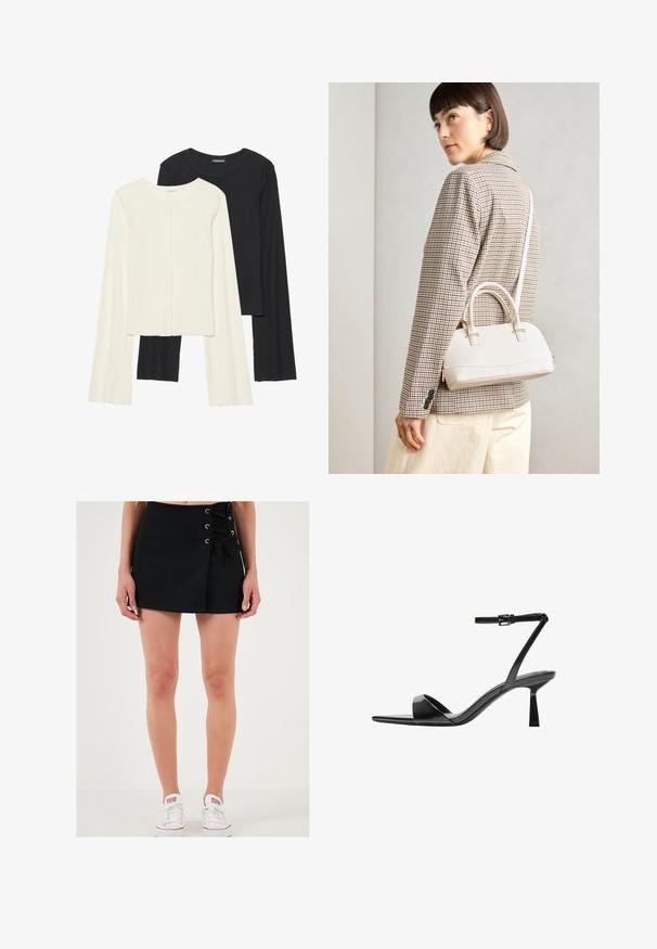 Súprava dvoch dlhých rukávov v bielej a čiernej farbe. Žebrovaná textúra, okrúhly výstrih, priliehavý strih s mierne rozšírenými rukávmi.; LELA Šortky - black; Bershka Sandále na vysokom opätku - black; Biela štruktúrovaná kabelka s krátkymi rúčkami a ramenným popruhom, s zlatými kovovými prvkami a textúrovaným materiálom, vystavená na šedom pozadí.