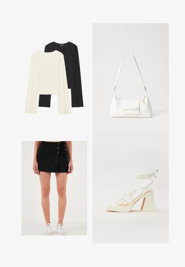 Set de două bluze cu mâneci lungi, una albă și una neagră. Textură ribbată, decolteu rotund, design ajustat cu mâneci ușor evazate.; LELA Pantaloni scurți - black; Sandale albe cu toc înalt și gros, cu un design cu curele și legătură la gleznă. Textură netedă, cu o platformă frontală pentru înălțime suplimentară.; Geantă sintetică albă, cu formă triangulară, capac frontal plat și detaliu cu fundă, curea ajustabilă, textură netedă și design minimalist.