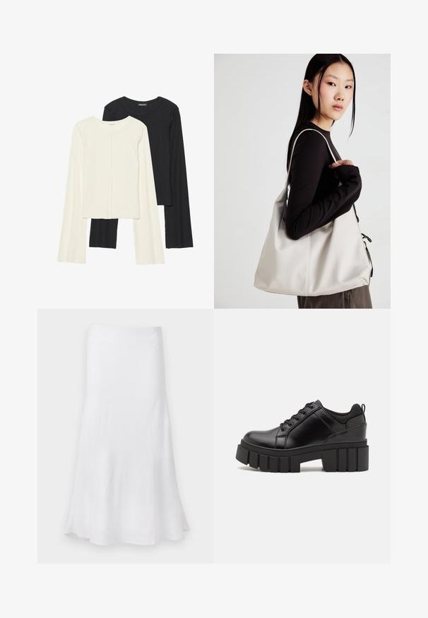 Nabor dveh dolgih rokavov v beli in črni barvi. Žameten vzorec, okrogla ovratnica, prilegajoča zasnova z rahlo razširjenimi rokavi.; Bela krila s sproščenim A-linijskim krojem, izdelana iz lahkotnega materiala. Gladka tekstura, do kolen, z enostavnim dizajnom brez vzorcev.; Črne usnjene platforme z debelim blokastim petam, okroglo konico in klasičnim vezanjem. Imajo gladko teksturo in minimalne podrobnosti.; Bežna torbica iz mehkega materiala, z ohlapno zasnovo, šivi in dvema naramnicama. Primerna za vsakodnevno uporabo.