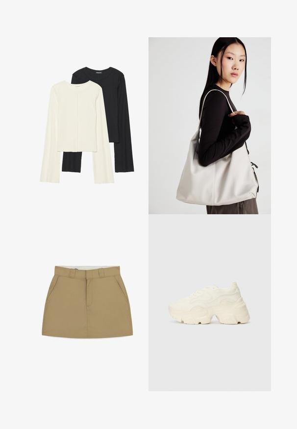 Divu garo piedurkņu tops komplekts baltā un melnā krāsā. Ribota tekstūra, apaļš kakls, pieguļoša dizaina ar nedaudz izplestām piedurknēm.; Kaki svārki ar piegulošu jostu, jostas cilpām, divām sānu kabatām un ar rāvējslēdzēju priekšpusē. Izgatavoti no gludas, strukturētas auduma ar tīru apdari.; Masīvi balti sportisti, kas izgatavoti no strukturēta sieta un sintētiskajiem materiāliem, ar biezu zoli un sarežģītām rakstu detaļām gar sāniem.; Bežs rokassoma, izgatavota no mīksta materiāla, ar brīvu dizainu, izšūtu apdari un divām plecu siksnām. Piemērota ikdienas lietošanai.