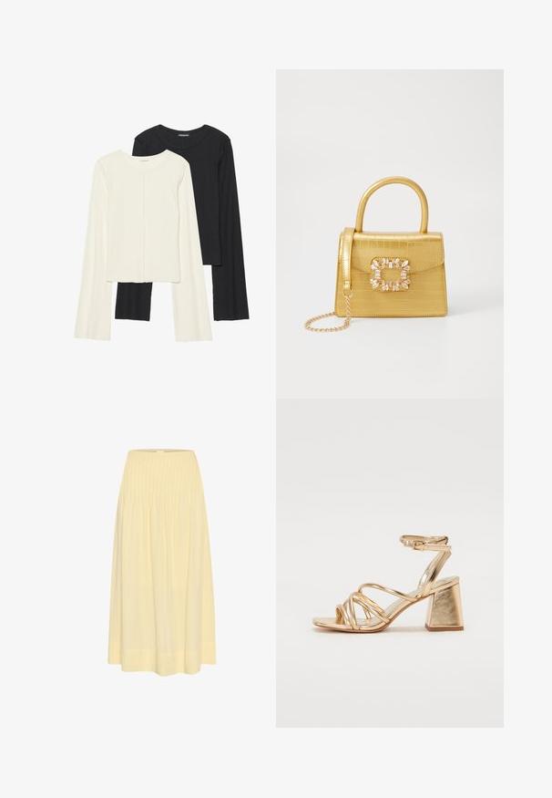 Set di due maglie a maniche lunghe, bianche e nere. Texture a coste, scollo tondo, design aderente con maniche leggermente svasate.; My Essential Wardrobe Gonna lunga - double cream; Sandali con tacco oro metallici caratterizzati da un design a strisce, tacco quadrato e cinturino regolabile alla caviglia con fibbia. Texture liscia.; Borsa finta coccodrillo gialla con design strutturato, manico superiore, tracolla a catena removibile e abbellimenti in cristallo decorativi sulla chiusura.